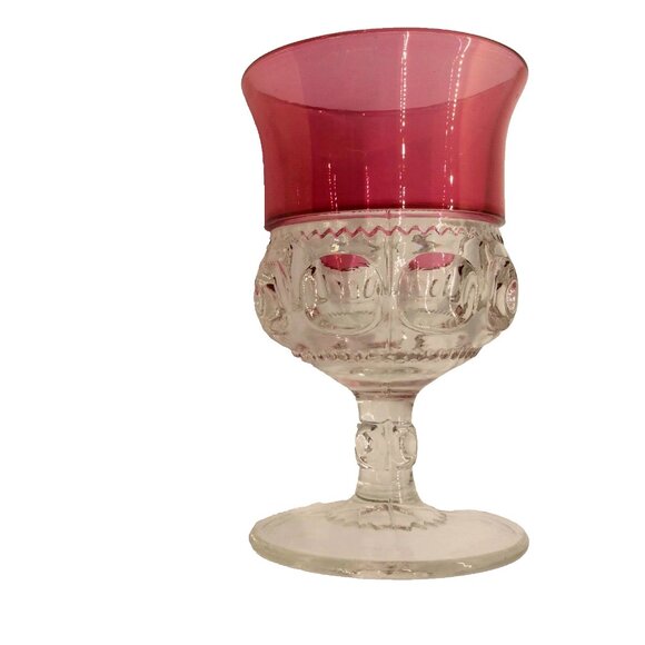 4 King's Crown Vintage Cranberry Flashed Band Thumbprint Footed Water Go… - Picture 2 of 5